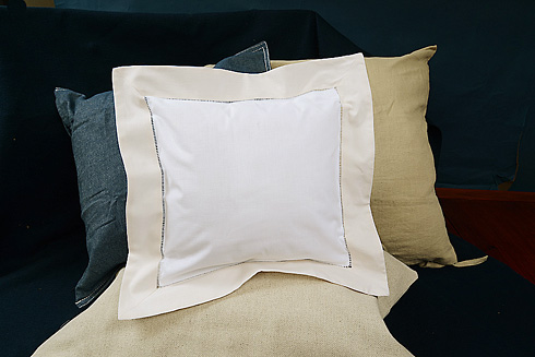 Hemstitch Square Baby Sham 12x12". White with Coconut Milk color